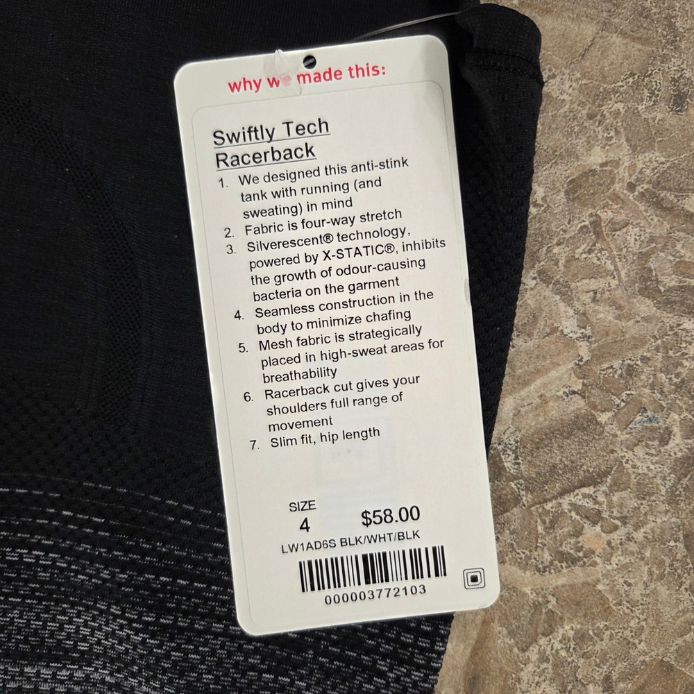 NWT Lululemon Swiftly Tech Racerback Tank Top Black White Ombre Space Dye Size 4 - Picture 3 of 7